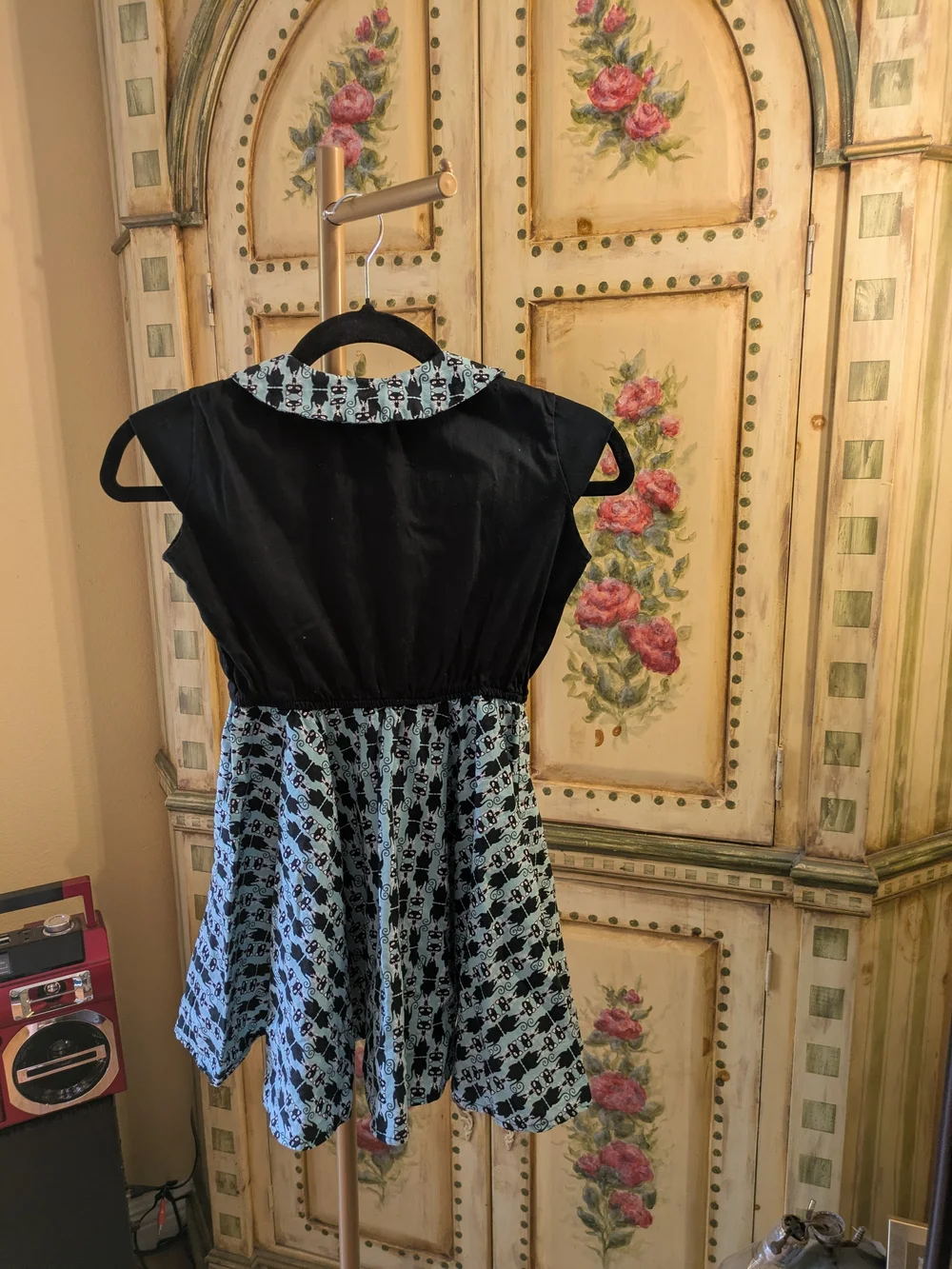 Blue and Black Kids Dress with Patterned Skirt Cats Sz 10 1950s Style